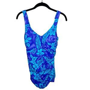 MAXINE OF HOLLYWOOD / vintage blue floral one piece swim dress / 16